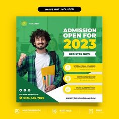 a green and yellow graduation flyer with a man holding books in front of the camera