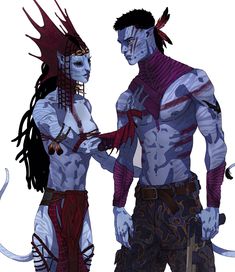 an image of two people dressed up as werewolves and demon slayers with horns on their heads