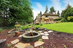 an outdoor fire pit in the middle of a yard