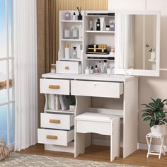 a white dressing table with drawers and stools