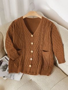 Plus Size Women's Autumn & Winter Loose Fit Cardigan Sweater With Diamond Patterns And Pockets Brown Casual  Long Sleeve Knitwear Plain  Slight Stretch  Women Plus Clothing, size features are:Bust: ,Length: ,Sleeve Length: Fitted Cardigan, Plus Size Cardigans, Color Block Top, Boho Women, Fitted Sweater, Black And White Colour, Kids Sleepwear, Kids Beachwear, Womens Fall