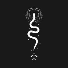 a white snake on a black background with the sun in the sky and stars around it