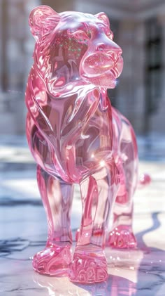 a pink bear statue sitting on top of a marble floor next to a building with windows