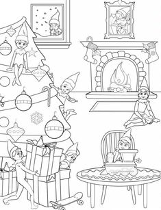 a christmas coloring page with elves and presents in front of a fire place on the fireplace