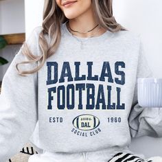 Dallas Football Sweatshirt | Football Wife Crewneck Sweatshirt | Superbowl Fan Gifts | American Football Fan Gift | Cowboy Sweater Football Vintage, Dallas Cowboys Football, Cowboys Shirt, Cozy Sweatshirts, Knit Collar, Air Jet