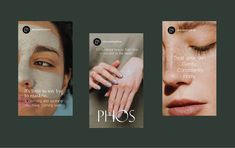 three different images with the words phos on them and an image of a woman's face