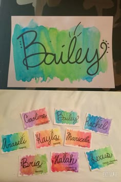 some watercolor stickers that are on top of a piece of paper with the word billy