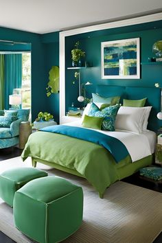 a bedroom with blue, green and white decor