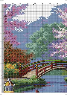 a cross stitch pattern with a bridge over a river and flowers on the trees in the background