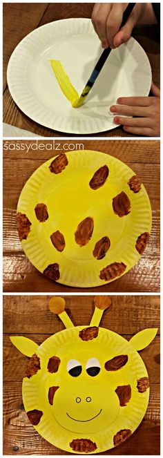 paper plate giraffe craft for kids to make with the child's hands