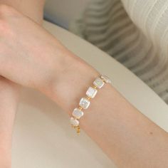 Mini Gold Bead and Square Baroque Pearl Bracelet - floysun Elegant Adjustable Rectangular Beaded Bracelets, Elegant Square Adjustable Bracelets, White Rectangular Wedding Bracelets, Square Bracelets For Gift, Adjustable Square Gold Bracelet, Gold Square Beaded Jewelry, Square Gold Beaded Jewelry, Classic White Rectangular Bracelets, Adjustable Rectangular Gold Bracelet