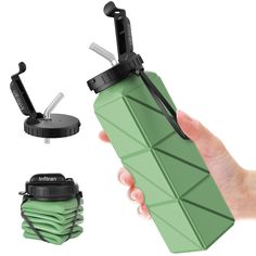 a hand holding a green water bottle with multiple tools attached to the top and bottom