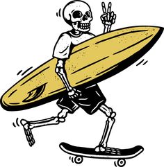 a skeleton is carrying a surfboard and giving the peace sign with his hand while walking