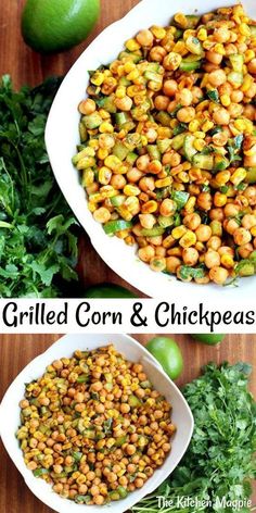 grilled corn and chickpeas with cilantro on the side in white bowls