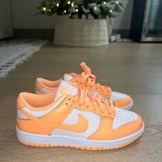 Selling These Never Worn Before Nike Dunk Low Sneakers In The Color “Peach Cream”. They Are A Really Nice Orange, I Got Them For A Football Game And Just Didn’t End Up Wearing Them. They Are Size Women’s 6.5. I Usually Fit In A 6.5-7 For Reference. Super Comfortable, Definitely One Of My Favorite Nike Shoes. Peaches And Cream Dunks Outfit, Cute Orange Shoes, Orange Shoes Outfit, Orange Quince, Orange Dunks, Orange Nike Shoes, Peach Sunset, Swag Clothes, Pretty Sneakers