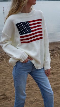 American Flag Outfit For Women, Rl Flag Sweater, Kjp Sweaters, Red White And Blue Outfits For Women, Red And Navy Blue Outfit, New England Fall Outfits, Ralph Lauren American Flag Sweater, Winter First Date Outfit, Usa Flag Sweater