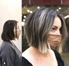 Brunette Bob Haircut With Highlights, High Contrast Highlights Short Hair, Haircuts 40 Year Old Women, Brown Hair With Silver Highlights Short, Brown Hair With Silver Highlights, Gray Highlights, Grey Blending, Bob Hair Cuts