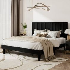 a bedroom with a bed, nightstands and lamps on the side of the room