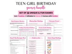 the teen girl birthday game bundle includes games, activities and printables for girls