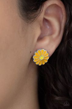 Shiny orange petals fan out from a dainty yellow center, creating a whimsical daisy. Earring attaches to a standard post fitting.

 Sold as one pair of post earrings. Live Text, Paparazzi Consultant, White Petals, Mobile Boutique, Orange Boxes, Orange Earrings, Jewelry Show, Paparazzi Accessories, Paparazzi Jewelry