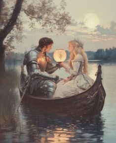 a man and woman sitting in a boat on the water, holding a paper lantern