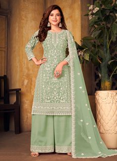 Buy Palazzo - Pista Green Embroidered Palazzo Suit Plazzo Suits, Salwar Suits Online, Palazzo Suit, Designer Salwar Suits, Net Fabric, Anarkali Suit, Wear Green, Hip Dress, Thread Work