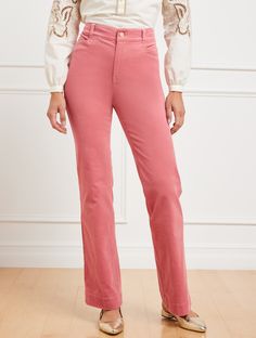 A figure-boosting high waist and fabulous flare leg make our corduroy pants a closet must-have. Supersoft feel with just-right stretch. The effortless pair you've been looking for. Perfect for the office and beyond. Features Flat Front/Trouser Flare Leg Hits Above Waist Full Length Fly front with button closure Front Slash, Back welt pockets Imported Fit: Misses: 31"; Petite: 28 1/2"; Plus: 31"; Plus Petite: 28 1/2" Material: 98% Cotton, 2% Spandex Care: Machine Wash Cold; Only Non-Chlorine Bleach When Needed; Or Dry Clean; Tumble Dry Low; Warm Iron On Reverse | Stretch Corduroy Flare Leg Pants Talbots Pink Corduroy Pants, Pink Corduroy, Flare Leg Pants, Classic Style Women, Corduroy Pants, Welt Pockets, Modern Classic, Cotton Spandex, Leg Pants