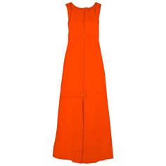 A rare original 1960s Courreges numbered couture bright orange wool sculpted A-line shift dress. This outstanding dress is fashioned from a wool gabardine and features all of his great couture techniques. The tailoring, structuring and seaming are impeccable. I love the maxi length paired with the long front slit. This iconic dress is thoroughly modern, figure flattering and a highly collectable wearable piece of fashion history. The dress is fully lined in a silky orange rayon. Closes in the fr Space Age Dress, Wool Maxi Dress, Biker Dress, Dresses Orange, Kimono Sleeve Dress, A Line Maxi Dress, Structured Dress, Dress Label, Iconic Dresses