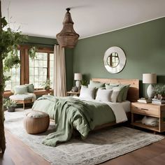 a bed room with a neatly made bed and green walls