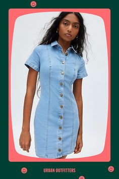 Western-inspired UO mini dress in a soft, stretch denim. Designed in a slim silhouette featuring a collared neckline, short sleeves and button-down front for a vintage vibe. Only at Urban Outfitters. Features UO Monica button-up short sleeve denim mini dress Collared shirt dress Soft & stretchy denim Collared neckline and short sleeves Button-down front with tailored seams Slim tailored fit Mini length Button closure UO exclusive Content + Care 79% Cotton, 20% polyester, 1% spandex Machine wash Imported Size + Fit Model in Light Blue is 5’8" and wearing size Small Measurements taken from size Small Length: 32" | Urban Outfitters UO Monica Button-Up Short Sleeve Denim Mini Dress in Light Blue, Women's at Urban Outfitters Short Sleeve Denim, Collared Shirt Dress, Blue Fits, Denim Mini Dress, Vintage Vibe, Collared Shirt, Denim Mini, Collar Dress, Cotton Spandex