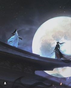 two people standing on top of a roof in front of a full moon