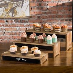 Burnt Wood Dessert Display Riser Stands with Chalkboard Panels - MyGift Burnt Wood Finish, Pastry Display, Serving Stand, Bakery Display, Wooden Display Stand, Burnt Wood, Wood Cake, Chalkboard Labels, Display Risers