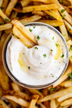 french fries and dip in a glass bowl