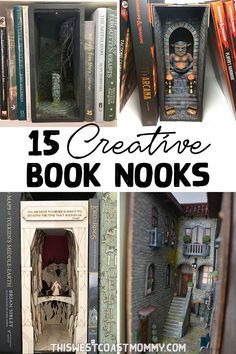 there are many books on display in this book case with the words, 15 creative book nooks