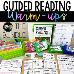 the guided reading warm - ups are on display in front of books and folders