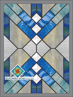 a blue and white stained glass window with geometric designs on the outside, including an abstract design