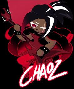 a woman with an electric guitar in her hand and the words chaoz on it