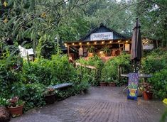 an outdoor restaurant with lots of plants and trees