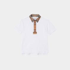 Burberry "Johane" polo shirt features vintage check and horseferry motif Spread collar; button placket Short sleeves Shirttail hem Cotton/elastane Imported Luxury Short Sleeve Top With Striped Collar, Preppy Polo Collar Workwear Tops, Pique Polo Shirt, Short Sleeve Polo, White Undershirt, Burberry, Tops Designs, Polo Shirt, Short Sleeves