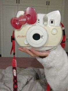 a person holding up a camera with hearts on it