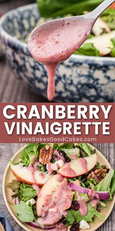 cranberry vinaigrette salad on a plate with a spoon in it