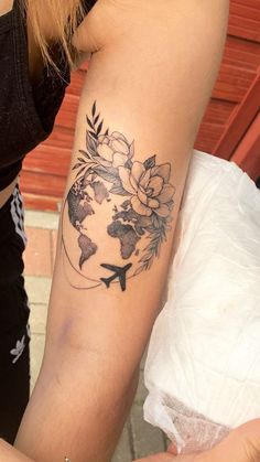 Unique & Cute Travel Tattoo Ideas For Women Travel Tattoo Ideas For Women, Plane Tattoos, Travel Tattoo Ideas, World Map Tattoos, Globe Tattoos, Short Love Quotes, Adventure Tattoo, Plane Tattoo, Map Tattoos