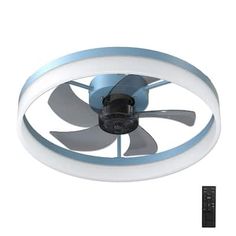 the ceiling fan is white and has blue blades