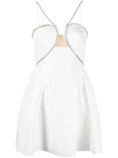 white bustier-style neckline crystal embellishment spaghetti straps flared skirt thigh-length concealed rear zip fastening