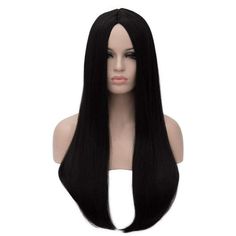 long straight black wig with bangs on the head for halloween costume or cosplay