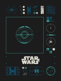 the star wars poster is shown in blue and black colors, with various elements surrounding it