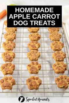 homemade apple carrot dog treats on a cooling rack with the title overlay reading homemade apple carrot dog treats