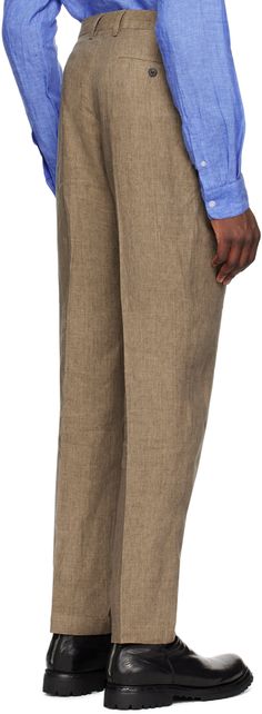 Relaxed-fit lightweight plain-woven linen trousers. · Belt loops · Three-pocket styling · Zip-fly · Pleats at front · Creased legs · Horn hardware Supplier color: Dark sand Wide-leg Linen Pants With Patch Pockets, Linen Wide-leg Pants With Patch Pockets, Linen Trousers With Patch Pockets, Linen Pants With Patch Pockets And Tapered Leg, Linen Straight Pants With Patch Pockets, Flax Tapered Leg Pants For Work, Tapered Leg Flax Pants For Work, Ankle-length Flax Bottoms For Workwear, Linen Trousers