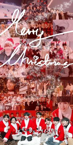 merry christmas collage with many pictures and people in red jackets, white pants and santa hats