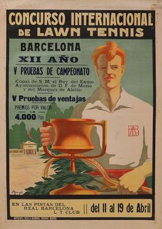 an old poster with a man holding a tennis racquet in his right hand